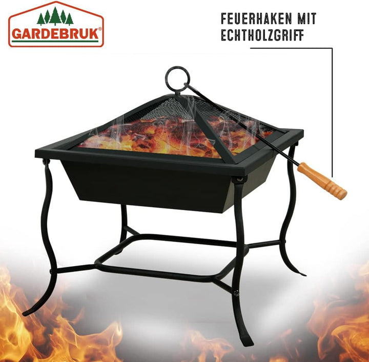 Deuba® Feuerschale mit Funkenschutz Schürhaken Eckig 45x45cm Modern Stahl Schwarz Terrasse Garten Ba