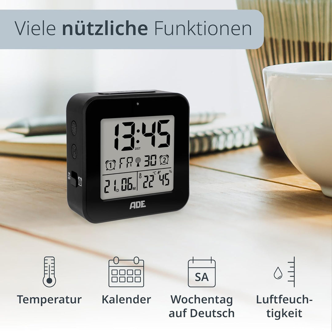 ADE Funkwecker digital mit Batterie | 2 Weckzeiten | Temperaturanzeige | Luftfeuchtigkeit | Reisewec