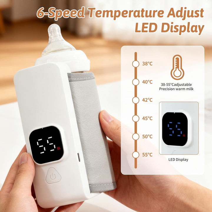 Tragbarer Flaschenwärmer, 38-55℃ Einstellbar Babyflaschenwärmer mit LED-Anzeige, USB-aufladbarer Bab