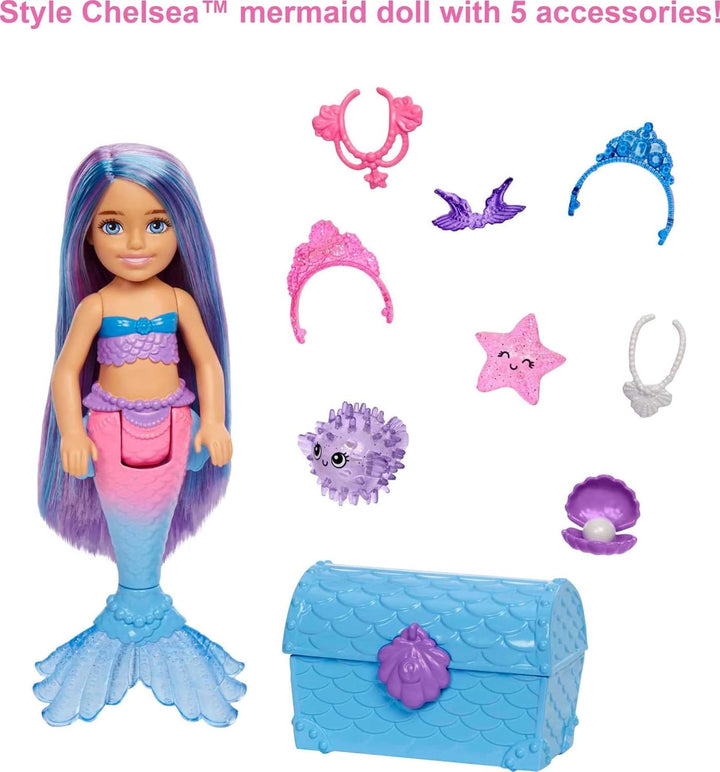 Barbie Mermaid Power, Chelsea Puppe, Meerjungfrau Puppe, Chelsea mit blauem & lila Haar, Krone, Meer