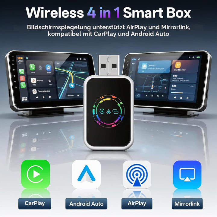 4 in 1 CarPlay Wireless Adapter, Kabelgebunden zu Kabellos für CarPlay &amp; Android Auto, mit MirrorLin