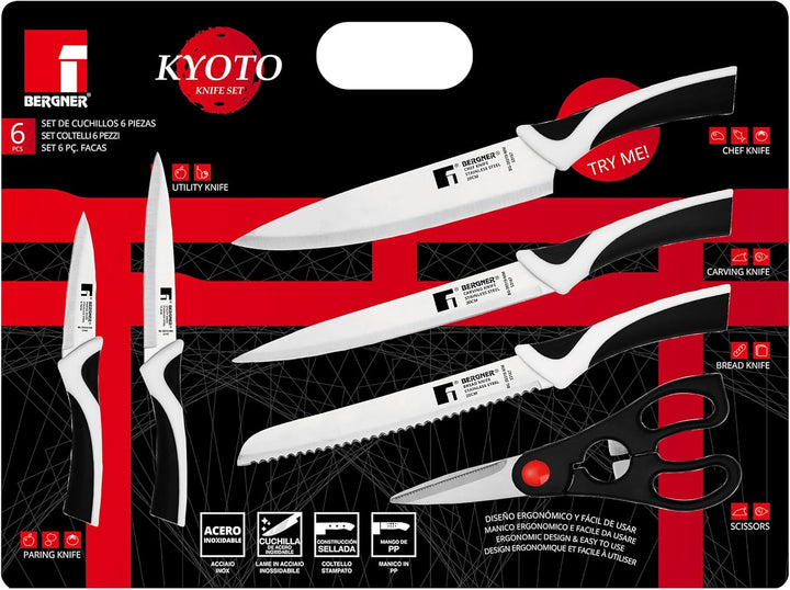 BERGNER KYOTO - Set 6PZS Edelstahlmesser - Enthält Kochmesser, Tranchiermesser, Brotmesser, Mehrzwec