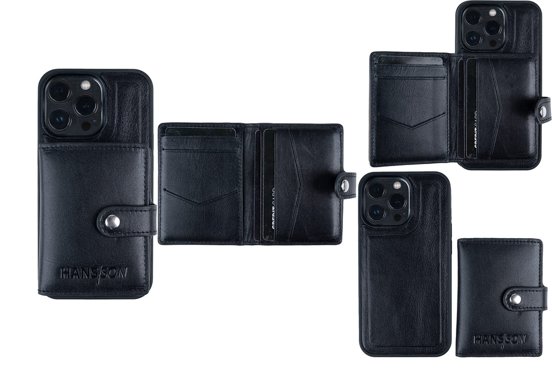 HANS/SON Handyhülle aus Echtleder mit Kartenfach | Für iPhone 13 Pro | Schwarzes Ledercase mit Kredi