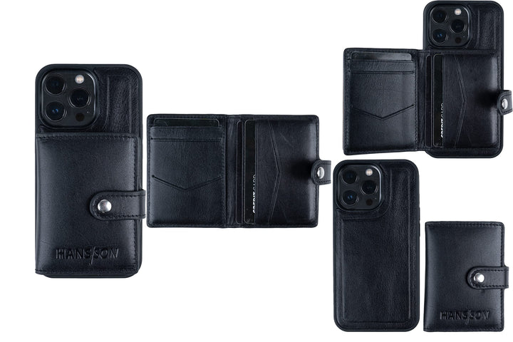HANS/SON Handyhülle aus Echtleder mit Kartenfach | Für iPhone 13 Pro | Schwarzes Ledercase mit Kredi