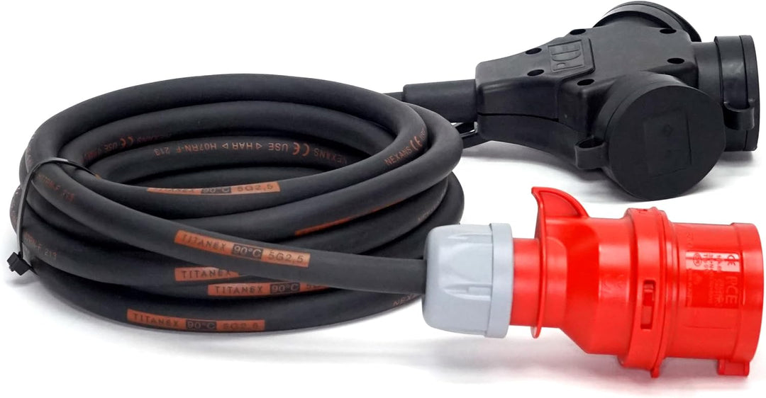 CEE-Stecker auf Schuko-Verteilung 3-Fach (1,5m-50m) 16A Verlängerungskabel Titanex H07RN-F 5x1,5mm²