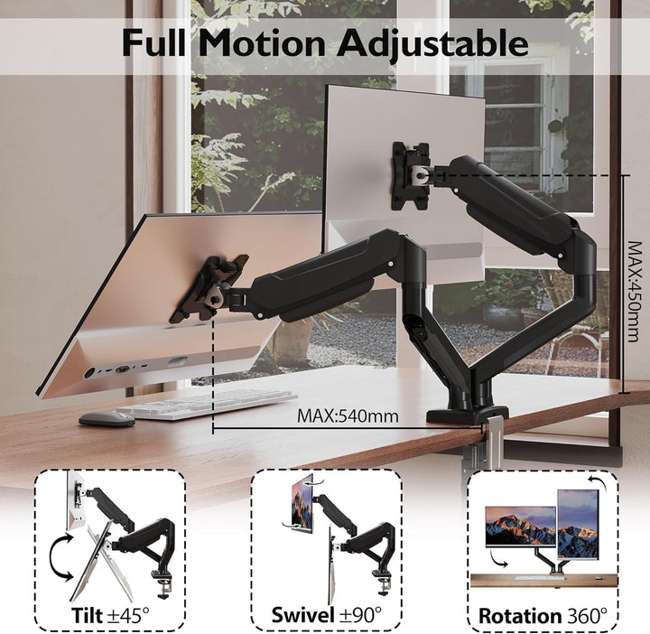 BONTEC Monitor Halterung 2 Monitore für 13-32 Zoll Bildschirme, Ergonomischer Gasfederarmständer Häl