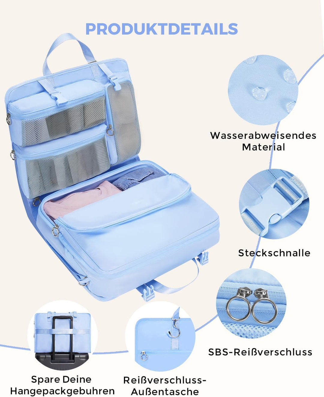 WANDF 6-in-1 Packing Cubes Koffer Organizer mit 360°-Aufhängehaken, Wasserabweisende Packwürfel Komp