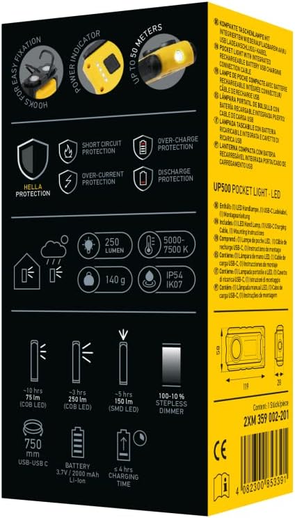 HELLA - LED-Handleuchte UP500 - 3.7V - mit Haken/mit Magnet - 2XM 359 002-201 USB-Taschenleuchte, US