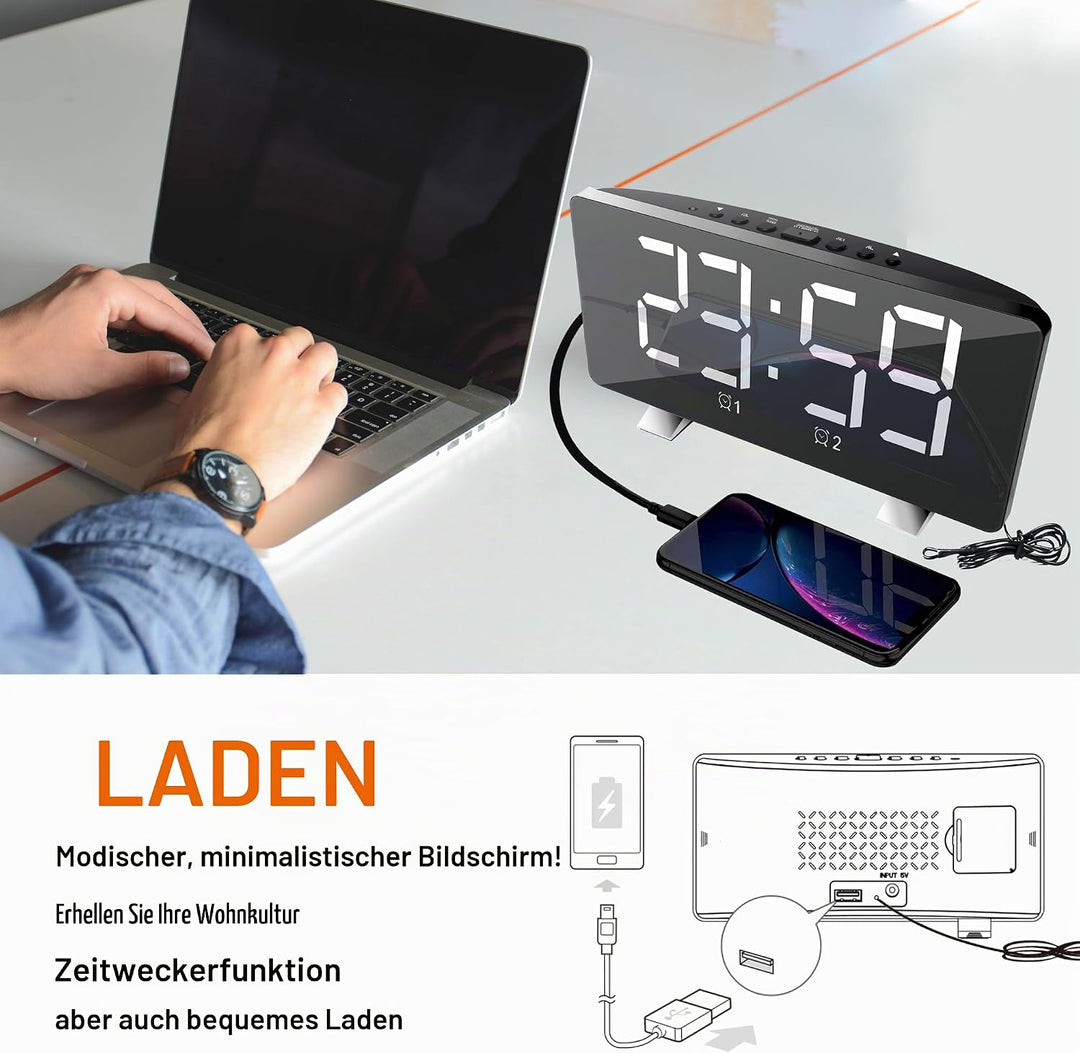Lancoon Digitaler Wecker mit Radio 4 Helligkeitsstufen Lautstärke einstellbar Schlummern USB Ladeans