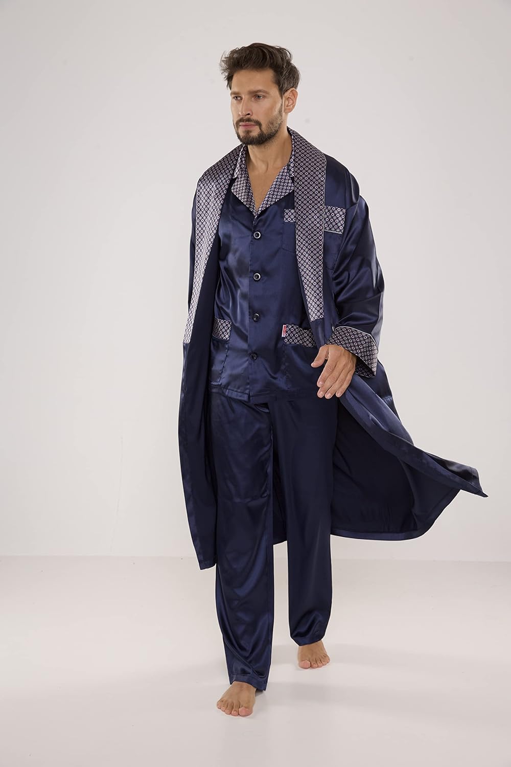 edler und hochwertiger Satin-Pyjama Herren-Schlafanzug Hausanzug, M Marine