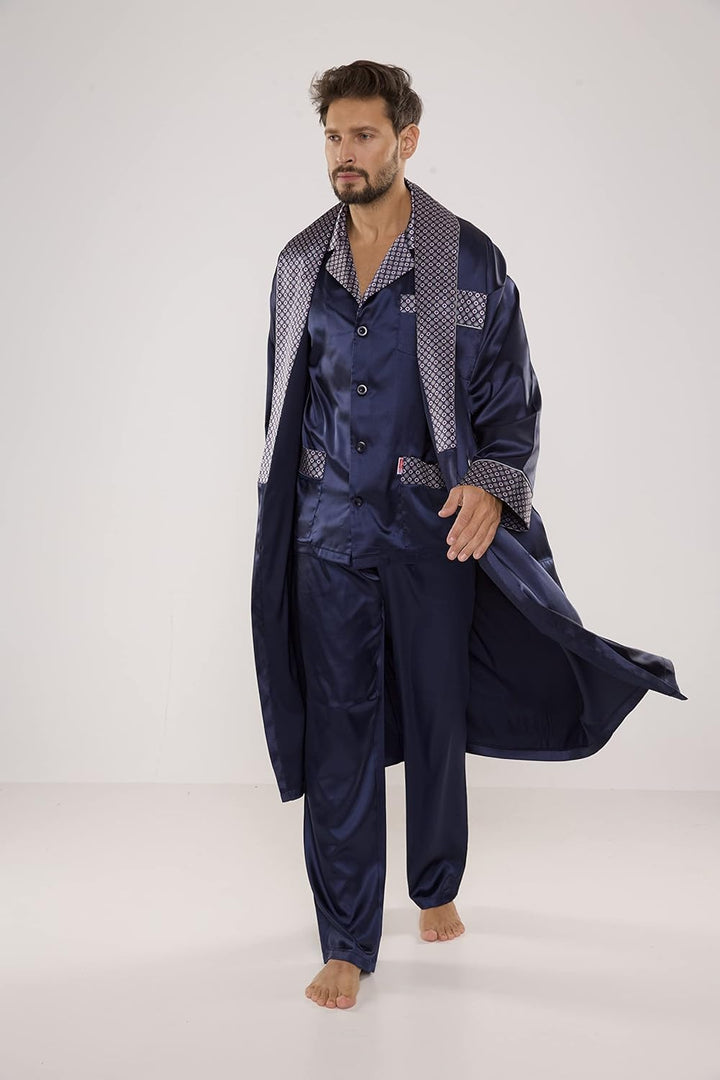 edler und hochwertiger Satin-Pyjama Herren-Schlafanzug Hausanzug, M Marine