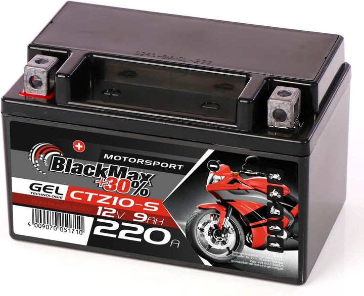 BlackMax YTZ10S Motorradbatterie GEL 12V 9Ah Akku GTZ10-S YTZ10-S-BS GEL12-10B-4 9Ah - 210A - YTZ10S