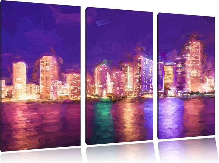 Pixxprint Schöne Nacht-Szene Skyline von Miami Florida Kunst Pinsel Effekt 3-Teiler Leinwandbild 120