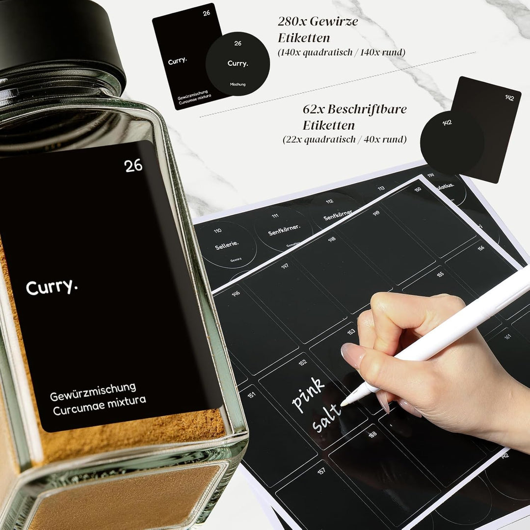 24er Set Gewürzgläser mit Streueinsatz - 120ml Eckig Gewürzdosen Glas mit Deckel Schwarz - Inkl. 342