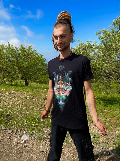 schwarzes Fraktal Alien T-Shirt Goa Psytrance (S), S