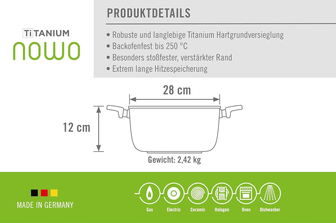 Woll Nowo Titanium Topf mit Glasdeckel in Box, Ø 28 cm, 12 cm hoch, 6.0 Liter, 2 Seitengriffe - Geei