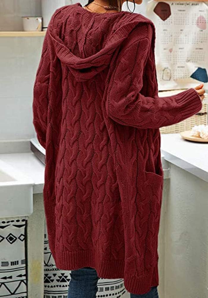 GeGekoko Strickjacke Damen mit Kapuze Langarm Grobstrick-Cardigan Open Front Sweater Herbst Winter C