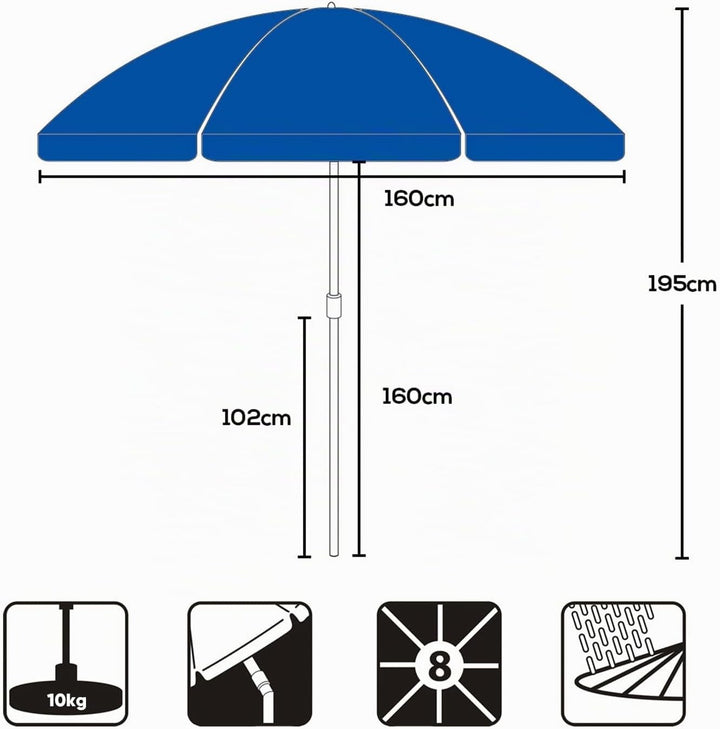 Sekey Sonnenschirm 160 cm mit Schutzhülle, Sonnenschirm Strand mit Neigungswinkel und Höhe verstellb