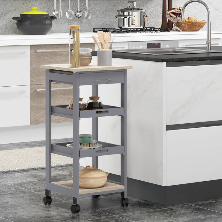 HOMCOM Servierwagen Küchenwagen mit Rollen 2 abnehmbare Tabletts, Schublade, Regal helle Eiche Holz