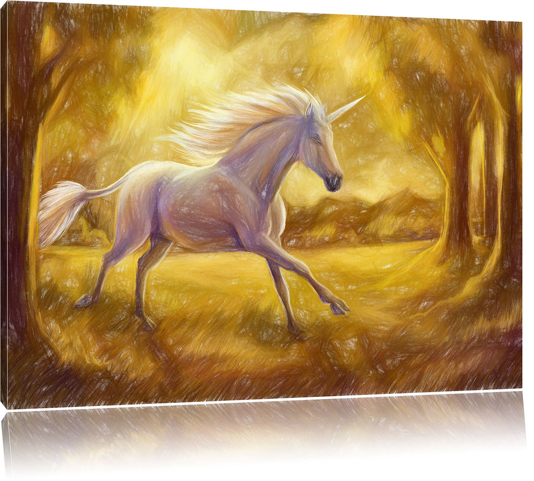 Pixxprint Einhorn im Wald / 100x70cm Leinwandbild bespannt auf Holzrahmen/Wandbild Kunstdruck Dekora