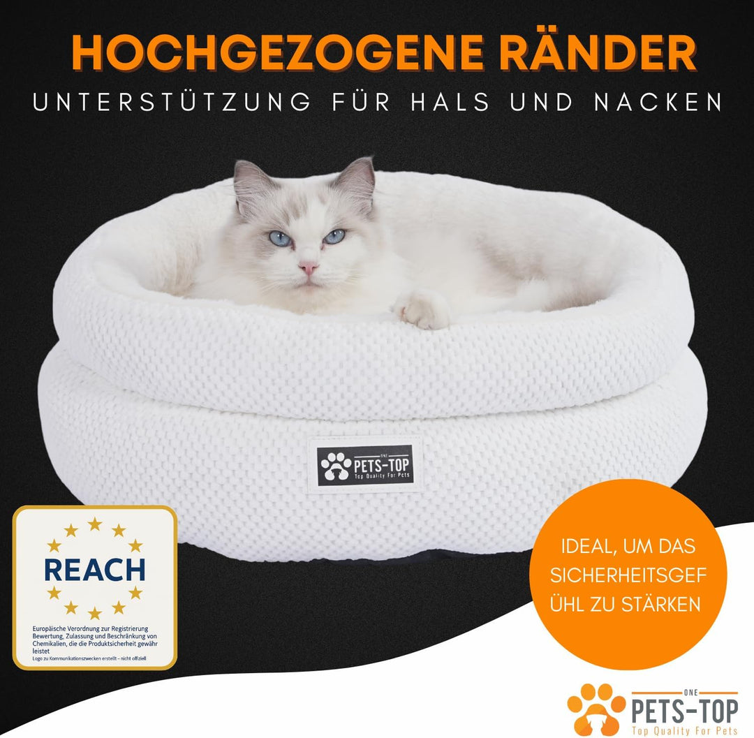 One PETS-TOP Katzenbett Rund Flauschig – Weiches Katzenkissen – Schlafplatz für Katze & Kleiner Hund