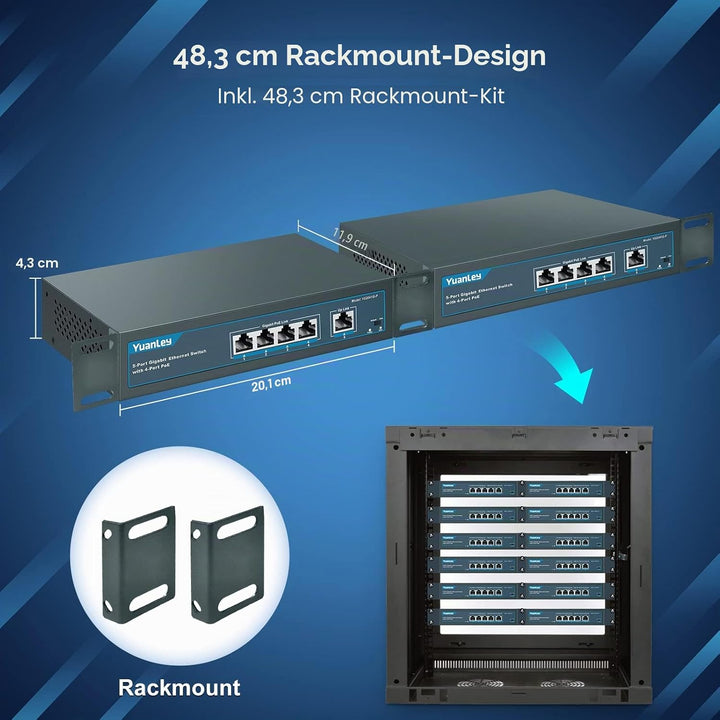 YuanLey 5 Port Gigabit PoE Switch with 4 Port PoE, 802.3af/at 78W Eingebaute Leistung, Lüfterloses,