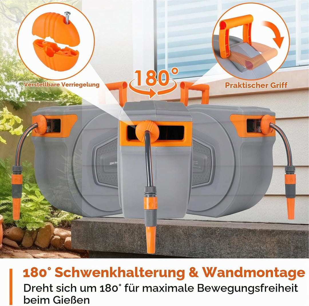Schlauchtrommel mit Gartenschlauch 20m, Schlauchaufroller zur Wandmontage, 180° Schwenkbar &amp; Automat