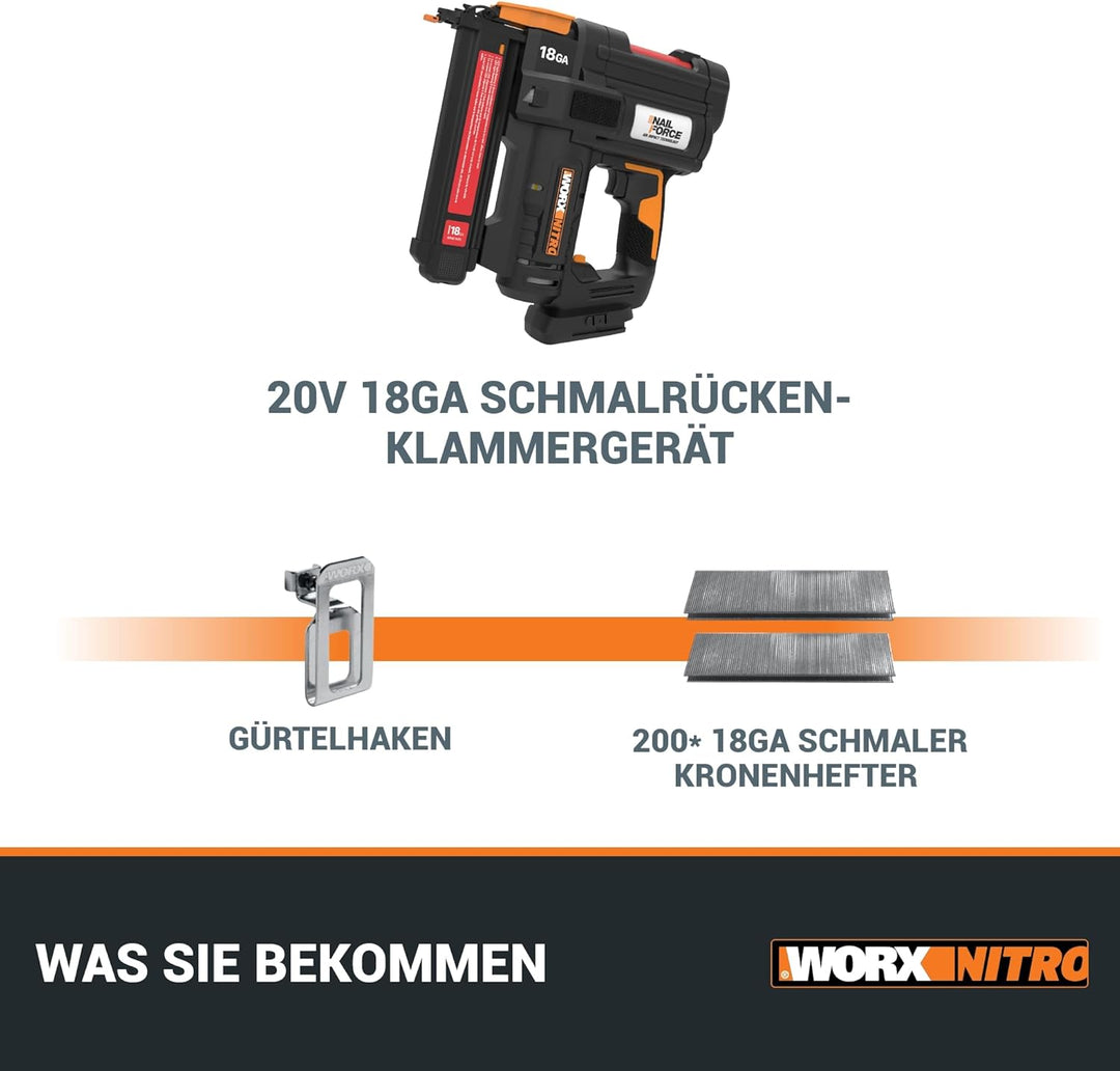 WORX WX844.9 NITRO 20V 18GA Akku-Tacker - 80 Klammern/min Schiessen – für Klammern 19-40 mm - elektr