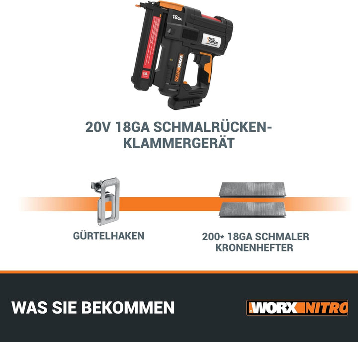 WORX WX844.9 NITRO 20V 18GA Akku-Tacker - 80 Klammern/min Schiessen – für Klammern 19-40 mm - elektr