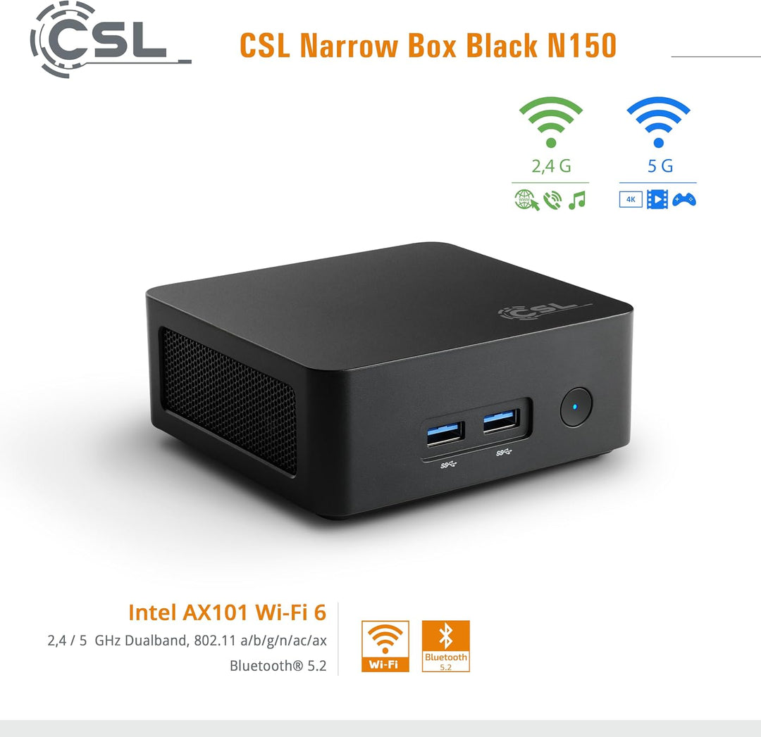 Mini PC CSL Narrow Box Black Windows 11 Pro, Intel N150 4X 3600 MHz Turbotakt, 1000 GB M.2 SSD, 32 G