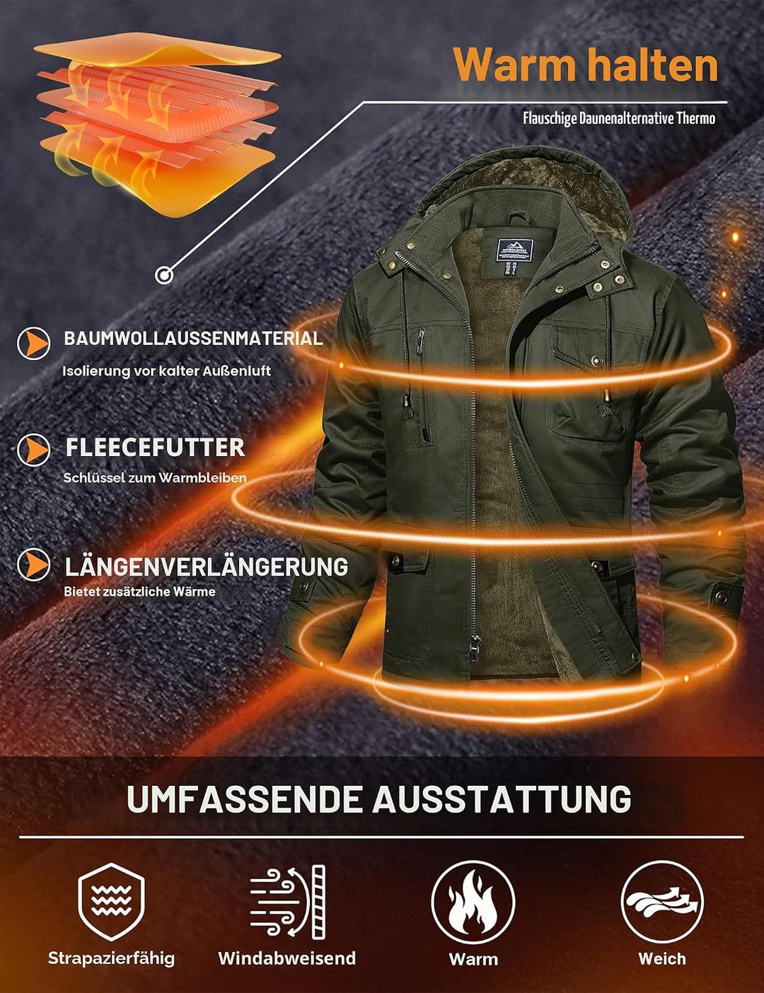 MAGCOMSEN Winterjacke Herren Warm Gefüttert Jacke Fleece Winterparka Winddicht Outdoor Übergangsjack