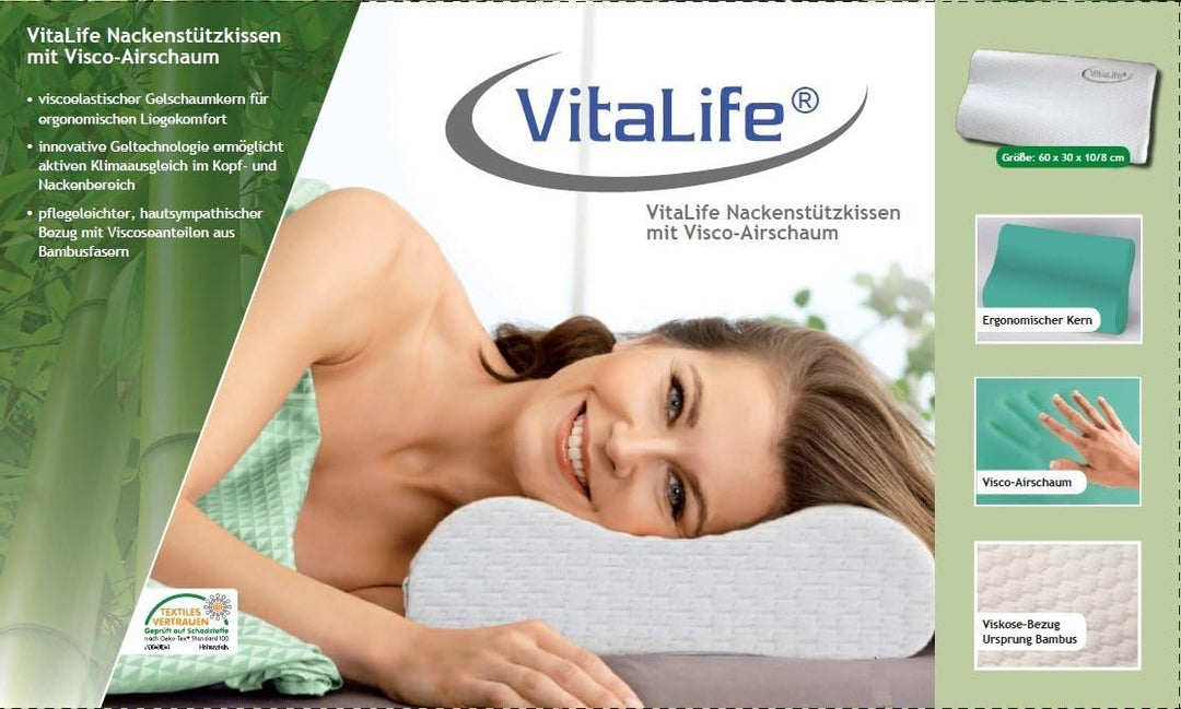 VitaLife 60x30x10/8 cm Visco-Airschaum Nackenstützkissen, Polyester, weiss, 60 x 30 x 10 cm, Weiss