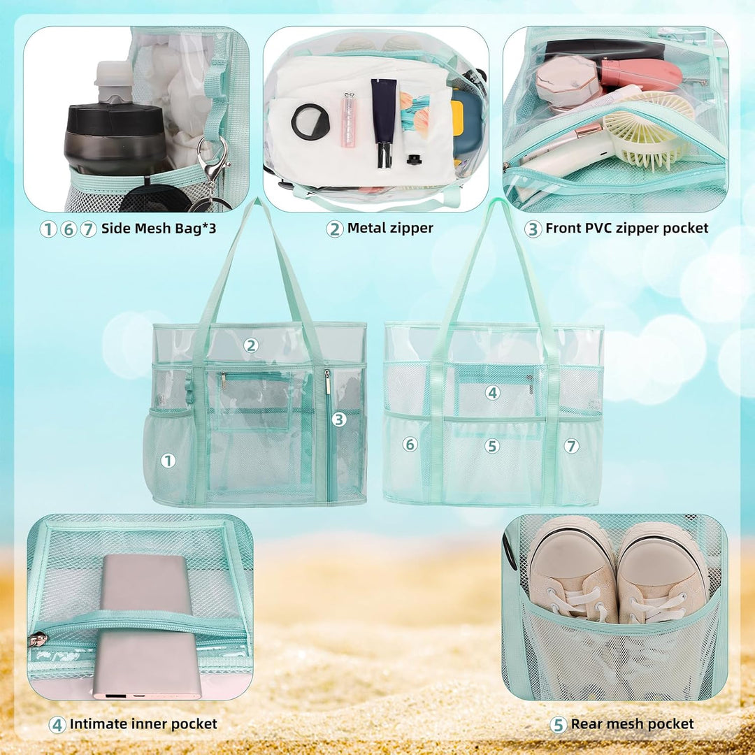 TINYAT Grosse transparente Tragetasche für Damen, transparent, Netzstoff, Strandtasche, Schultertasc