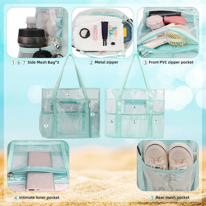 TINYAT Grosse transparente Tragetasche für Damen, transparent, Netzstoff, Strandtasche, Schultertasc