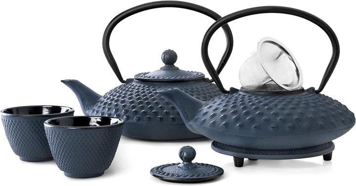 Bredemeijer Flache Blaue gusseiserne Teekanne 1.25 Liter Xilin mit Edelstahlfilter Einzelbett, Einze