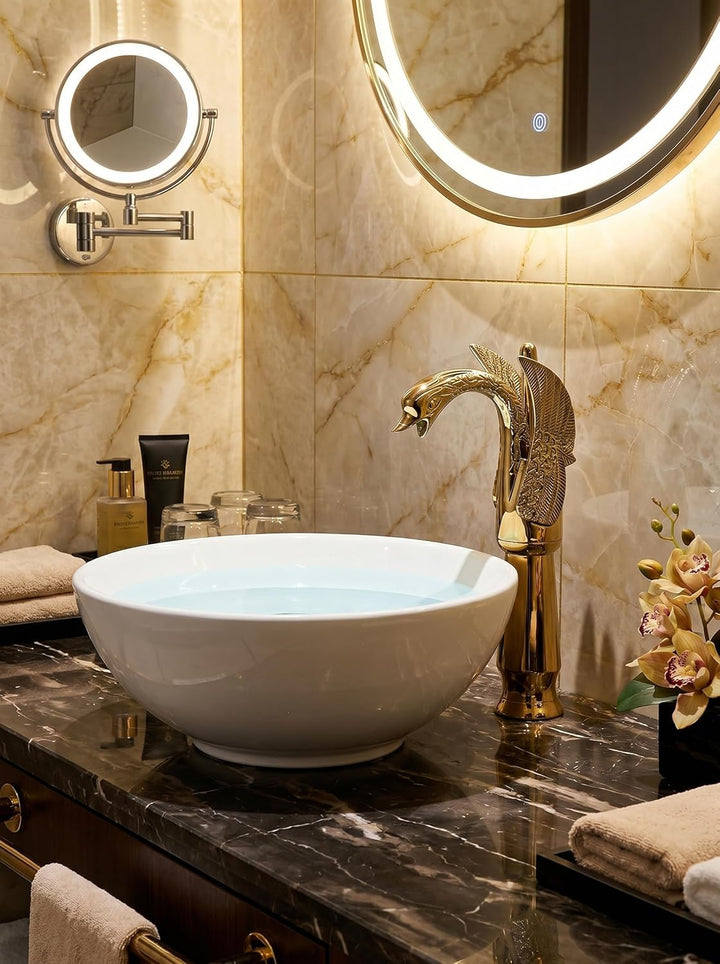 Einzigartiger Schwan Wasserhahn Bad Gold, Hohe Waschtischarmatur für Aufsatzwaschbecken, Retro Vinta