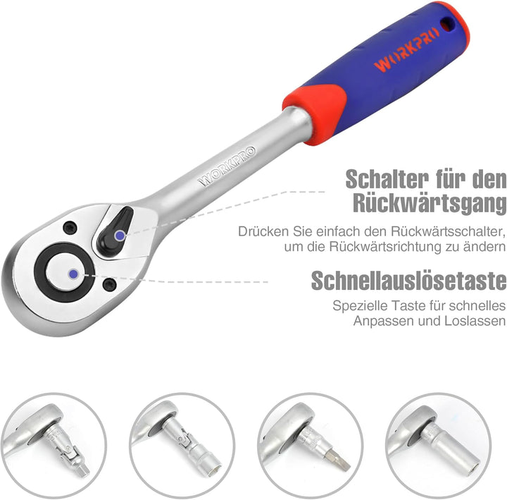 WORKPRO Steckschlüsselsatz 108-teilig, Knarrenkasten Ratschenkasten für Auto, mit 1/4" und 1/2" Umsc