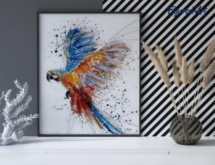 Figured'Art Malen Nach Zahlen Erwachsene Mit Rahmen Papagei in vollem Flug - Paint by Numbers Bastel