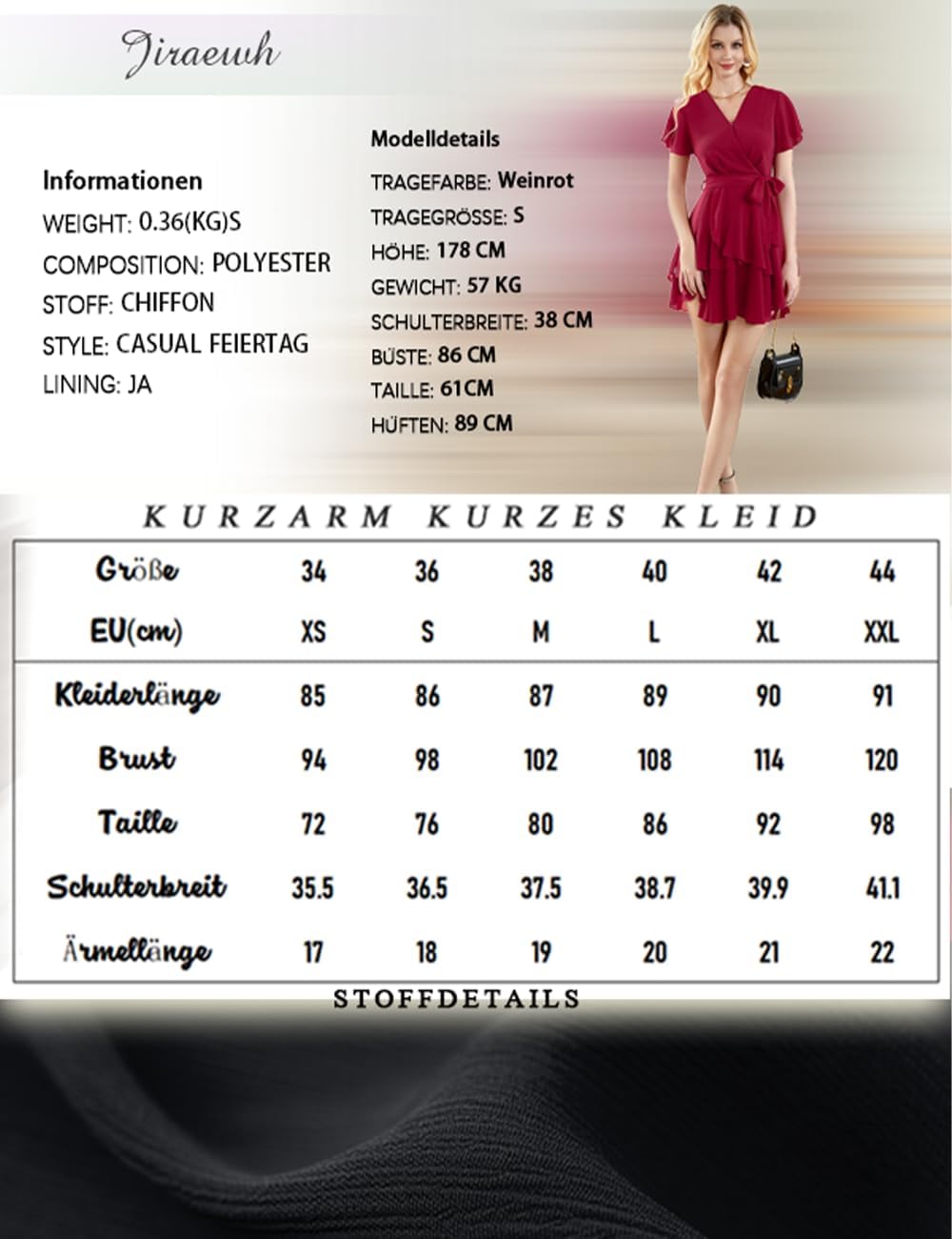 Jiraewh Damen Chiffon Kurz Kleid V-Ausschnitt Kurzarm Sommerkleid Tunika Kleider Einfarbig Elegant R