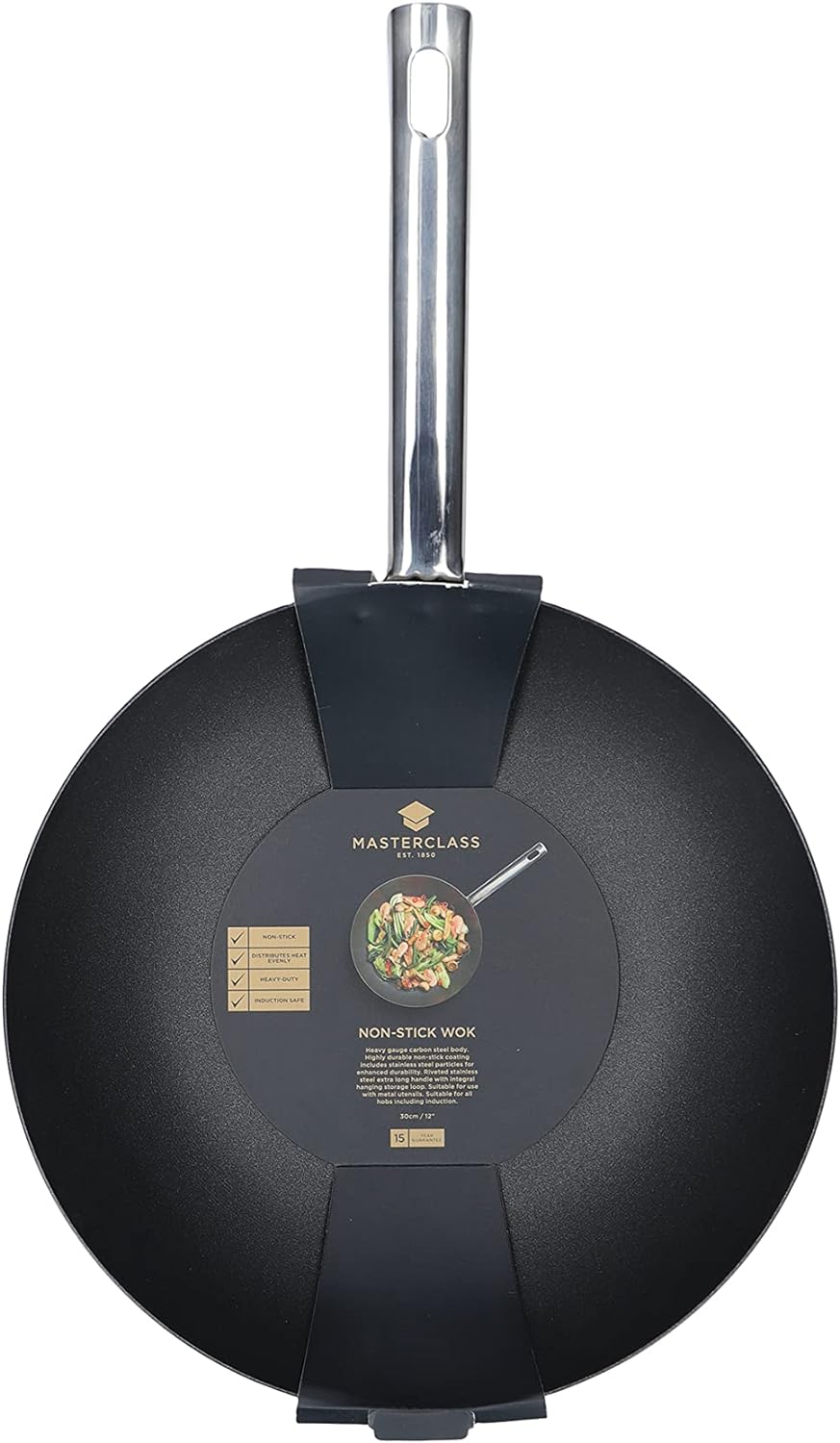 KitchenCraft MasterClass Wok, 2mm dicker Karbonstahl, Antihaftbeschichtung, Edelstahlgriff, Induktio