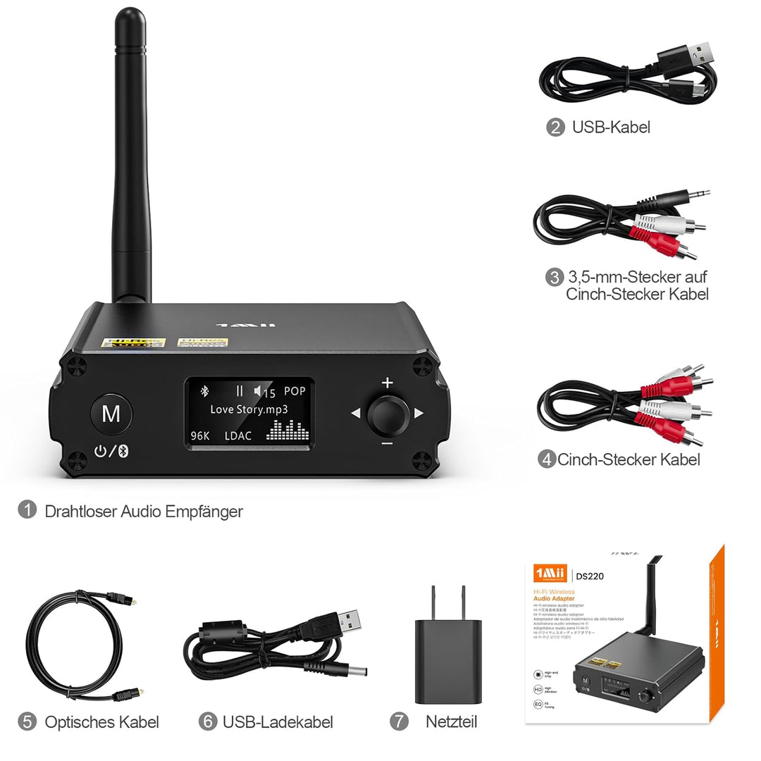 1Mii DS220 Bluetooth 5.1 HiFi Receiver mit OLED-Display &amp; EQ-Modus – LDAC &amp; aptX HD/Low Latency, Aud