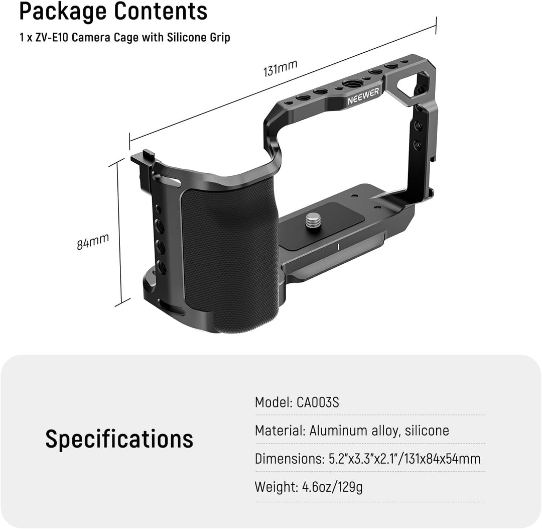 NEEWER ZV-E10 Kamerakäfig mit Silikongriff, 1/4" Gewinde, 3/8" ARRI Positionierungslöcher, Arca Typ