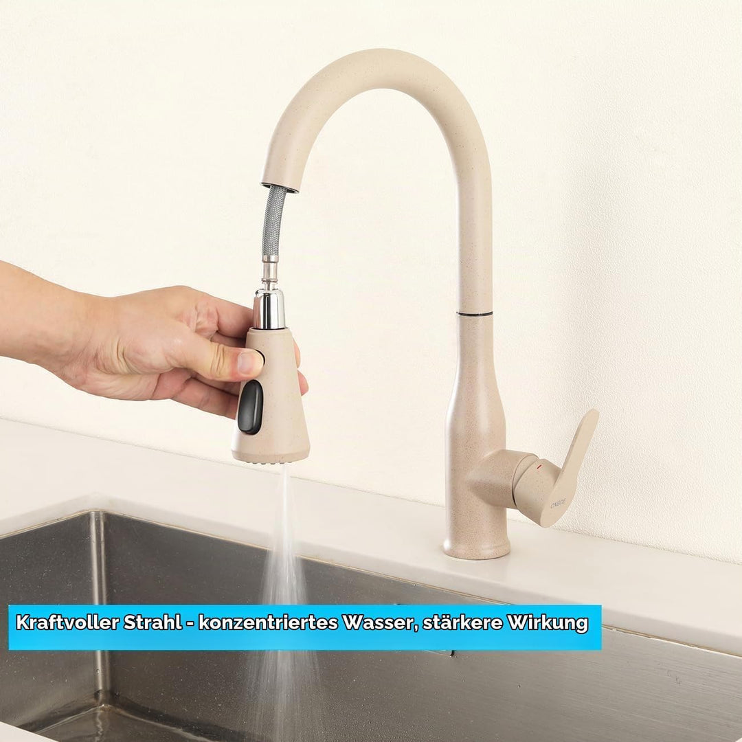 ONECE Küchenarmatur Weizenfarbe mit ausziehbar Brause 3 Duschmodi, Hochdruck Wasserhahn Küche Spülti