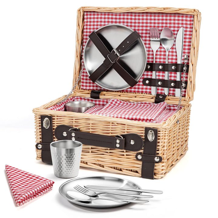 Weiden-Picknickkorb für 2 Personen, Weidenkorb mit Wasserfester Picknickdecke und Besteckset, Pickni