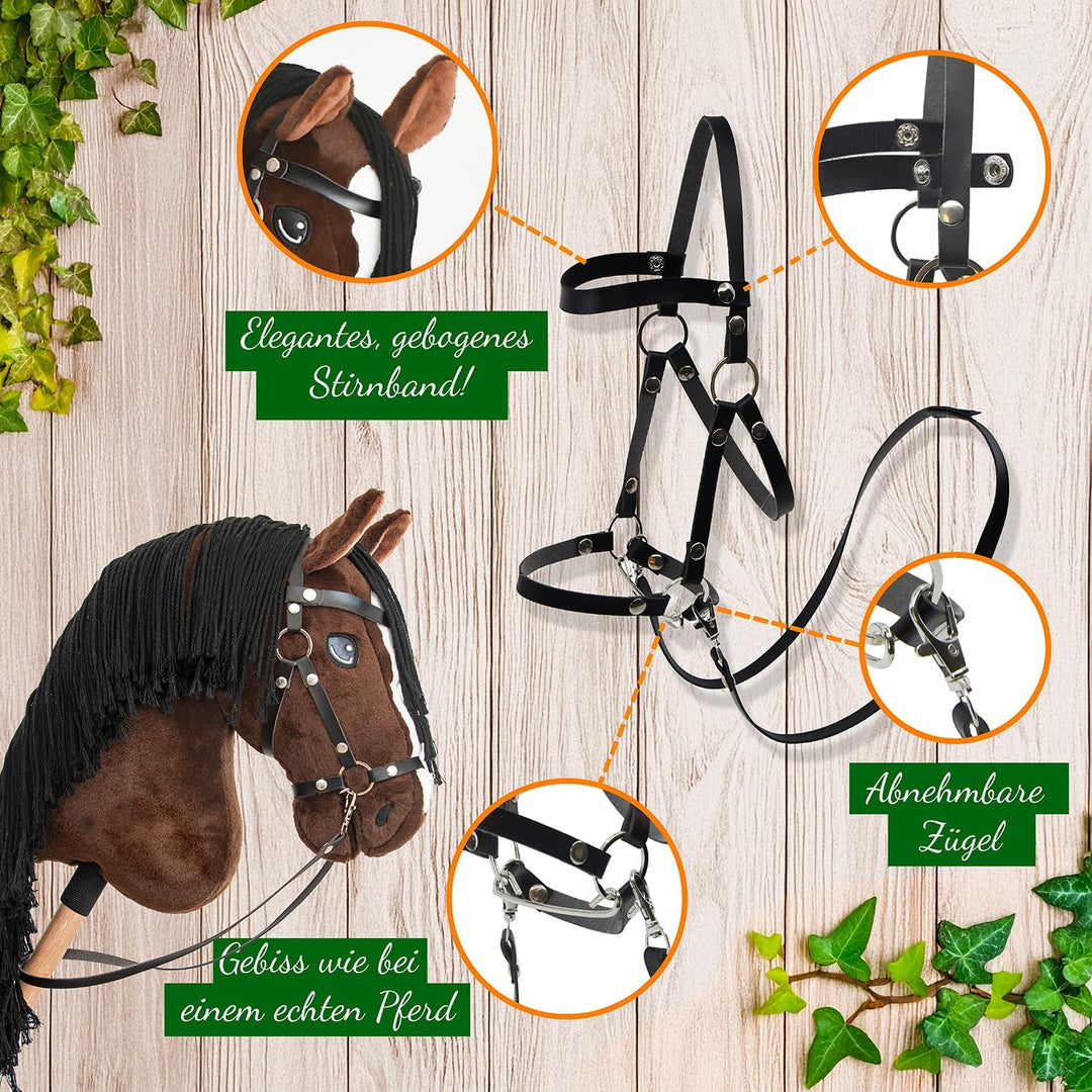 Hobby Horse Bai braun schwarze Haare, komplettes Stickpferd mit Netz, Gebiss, Zügel und Schwimmer, P