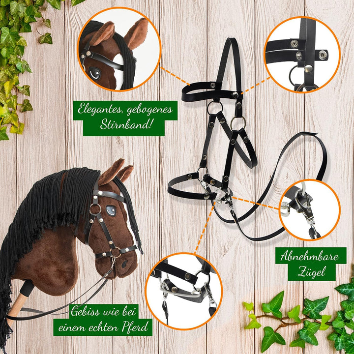 Hobby Horse Bai braun schwarze Haare, komplettes Stickpferd mit Netz, Gebiss, Zügel und Schwimmer, P