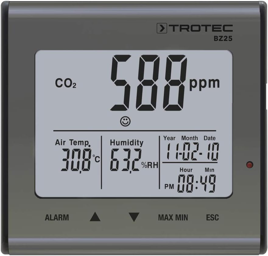 TROTEC CO2 Messgerät BZ25 – Luftqualitätsmonitor – Messbereich 0 bis 9.999 PPM, Abweichungen +-75ppm