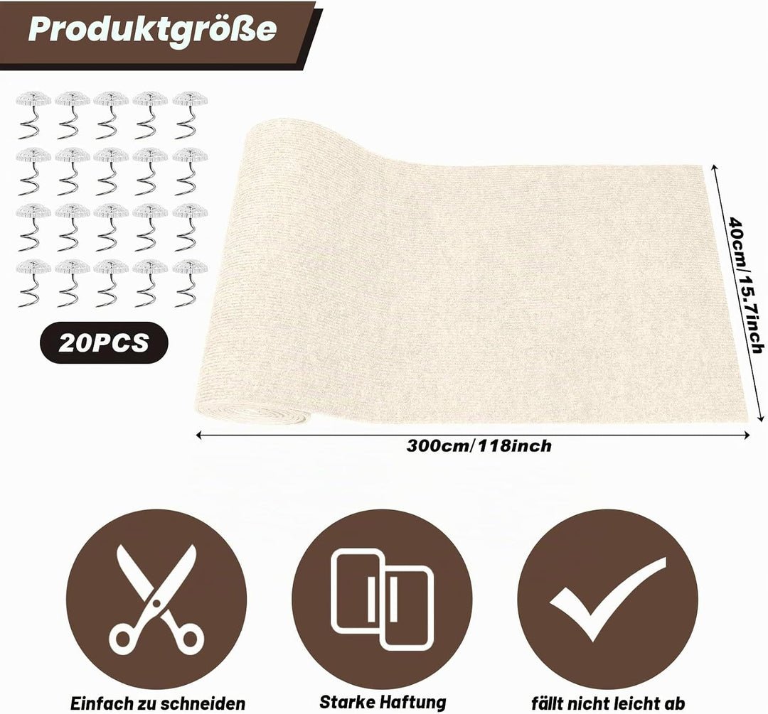 300cm×40cm Kratzmatte Katze Selbstklebend, Kratzschutz Sofa Katze, Trimmbare DIY Katzen Kratzmatte m