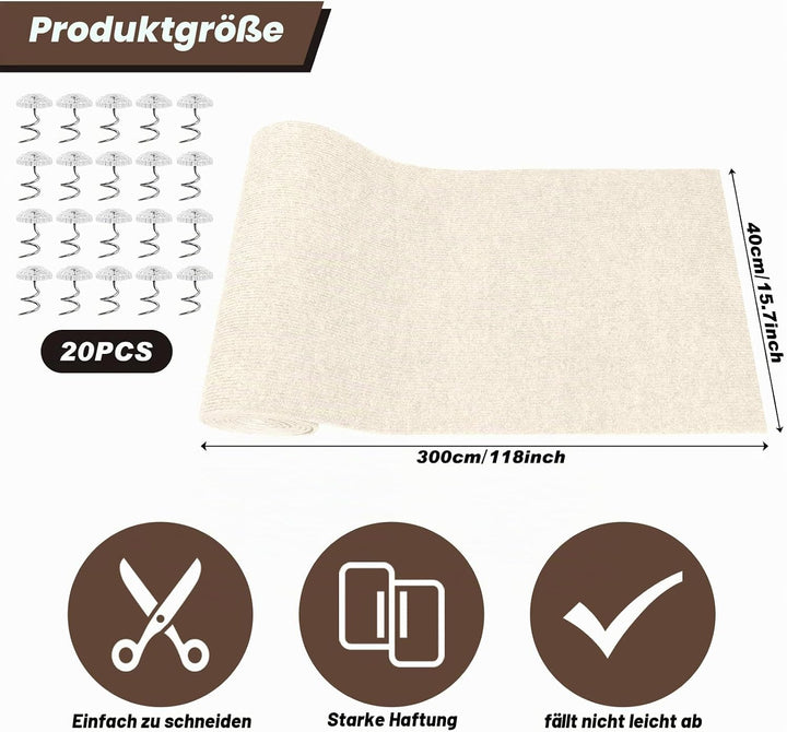 300cm×40cm Kratzmatte Katze Selbstklebend, Kratzschutz Sofa Katze, Trimmbare DIY Katzen Kratzmatte m