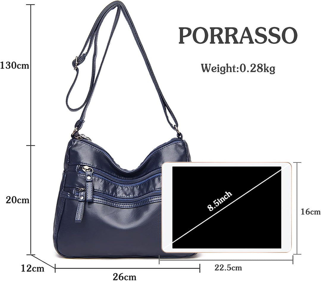 PORRASSO Damen Umhängetasche Multi-Tasche Schultertasche Leder Wasserdicht Handtasche Schulterbeutel